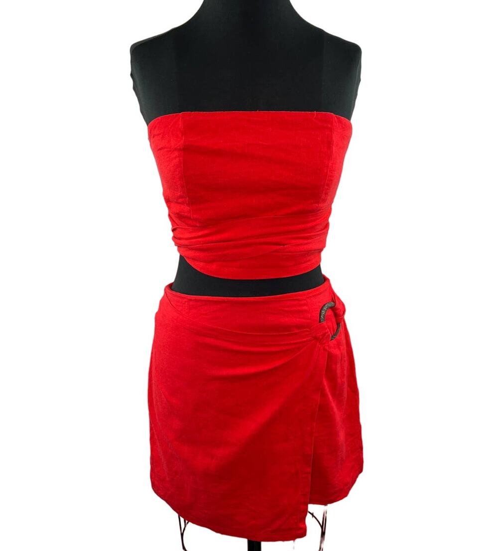 Forever 21 Contemporary Red 2-Pc Outfit Strapless Crop Top + Mini Wrap Skirt S/M